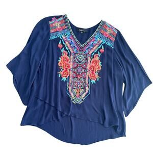CALESSA Blue Cottagecore Intricately Embroidered Art To Wear Tunic Top Size M